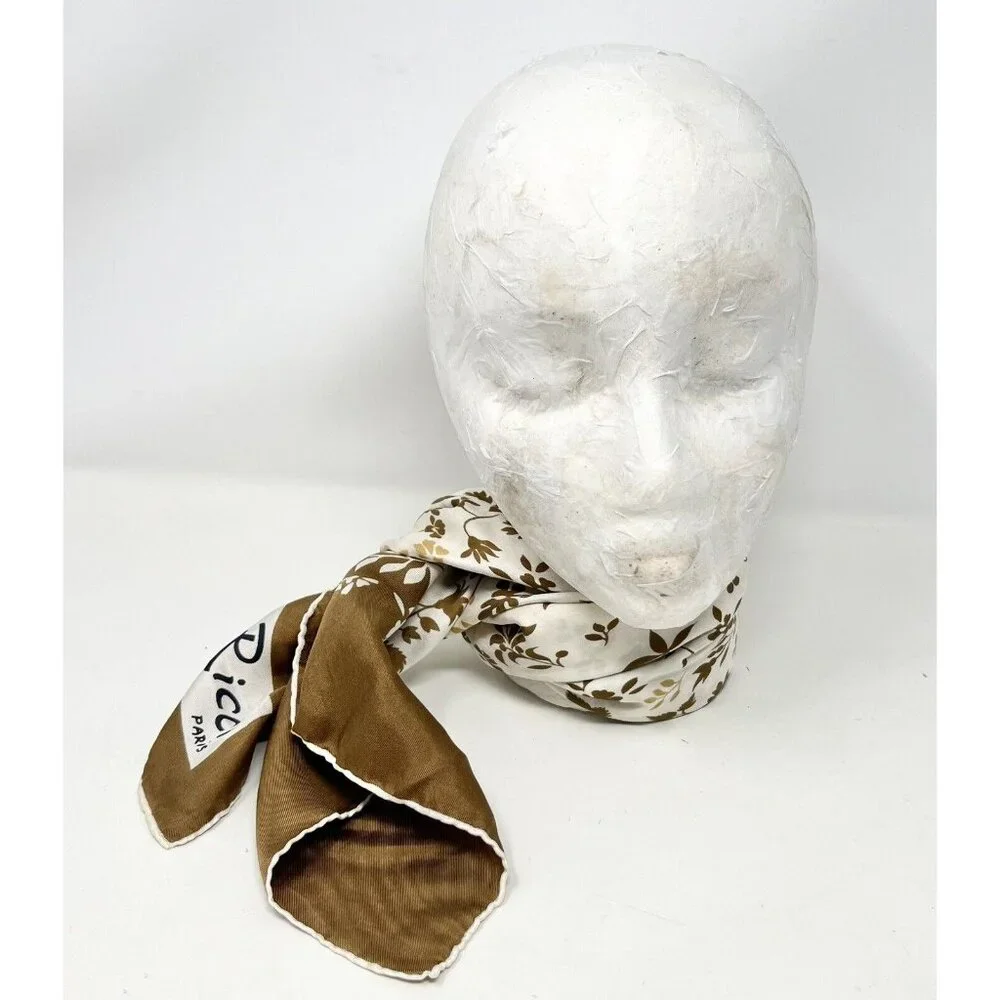 Melle Ricci Square Scarf 100% Silk Brown‎ Cream Gold Floral Bandanna 31
